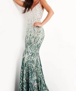 Jovani - 06450 Two Tone Sequined V Neck Trumpet Dress