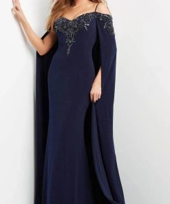 Jovani 06631 - Long Cape Embellished Evening Gown