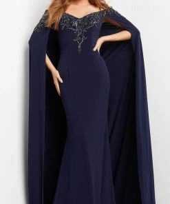 Jovani 06631 - Long Cape Embellished Evening Gown