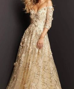 Jovani 06636 - Quarter Sleeve Floral Evening Gown