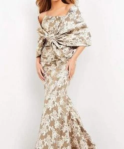 Jovani - 06760 Shawl Draped Floral Mermaid Dress