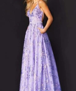 Jovani - 06814 V-Neck Floral Embroidered Dress