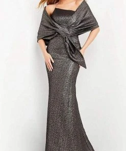 Jovani - 06867 Metallic Jacquard Asymmetric Neck Evening Gown