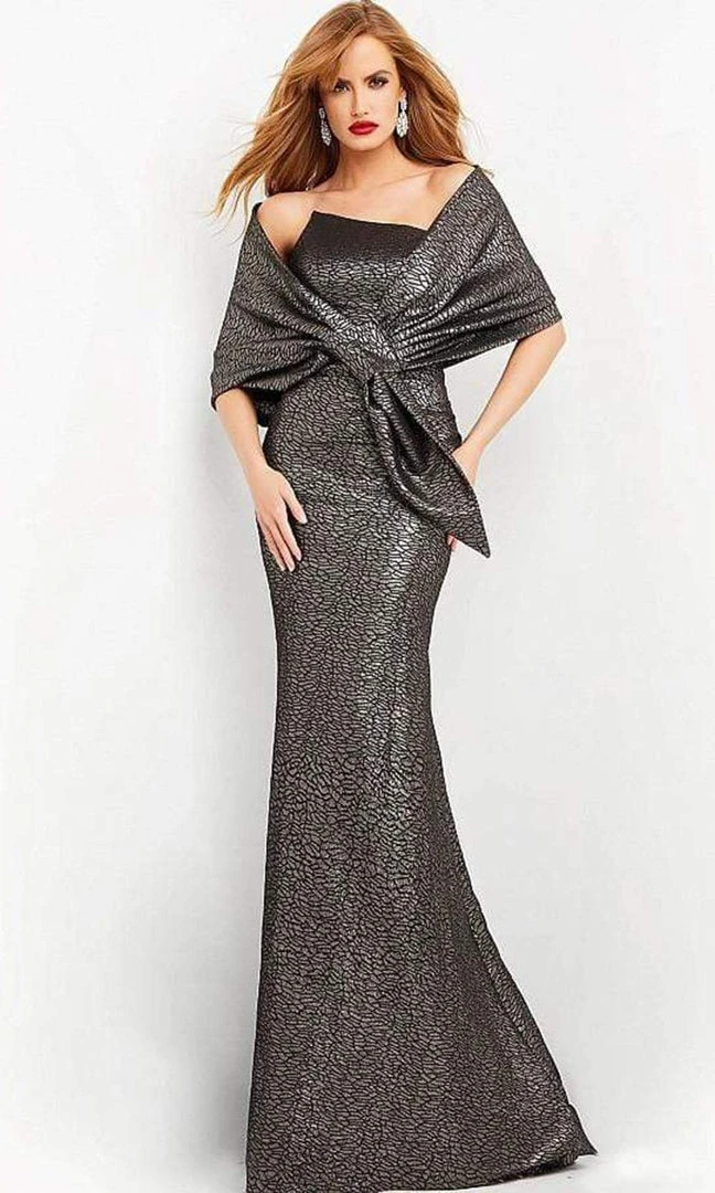 Jovani - 06867 Metallic Jacquard Asymmetric Neck Evening Gown 3 Jovani - 06867 Metallic Jacquard Asymmetric Neck Evening Gown