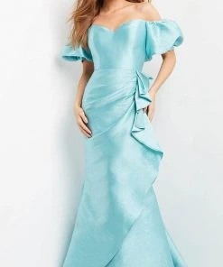 Jovani 07020 - Puffed Sleeve Ruffled Evening Dress