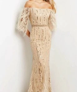 Jovani 07195 - Off-shoulder Quarter Length Sleeves Evening Gown