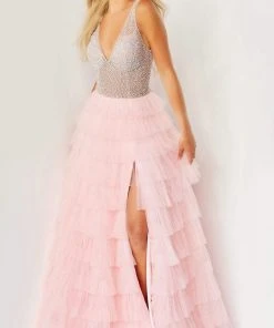 Jovani - 07235 Jeweled High Slit Tulle Gown