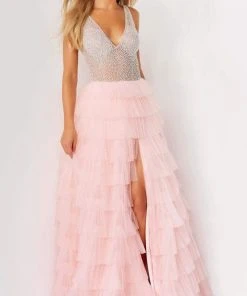 Jovani - 07235 Jeweled High Slit Tulle Gown
