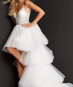 Jovani - 07263 Sheer Floral Embroidered Bodice High Low Prom Dress