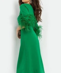 Jovani - 07341 Feather Fringed Quarter Sleeve Dress
