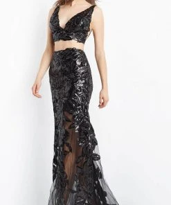 Jovani 07501 - V-Neck Floral Sequin Prom Gown