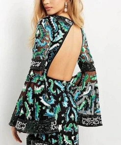 Jovani 08448 - Bell Sleeves V-neck Short Dress