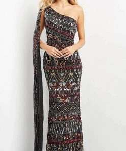 Jovani 08450 - Asymmetric With Shoulder Cape Long Dress