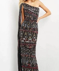 Jovani 08450 - Asymmetric With Shoulder Cape Long Dress