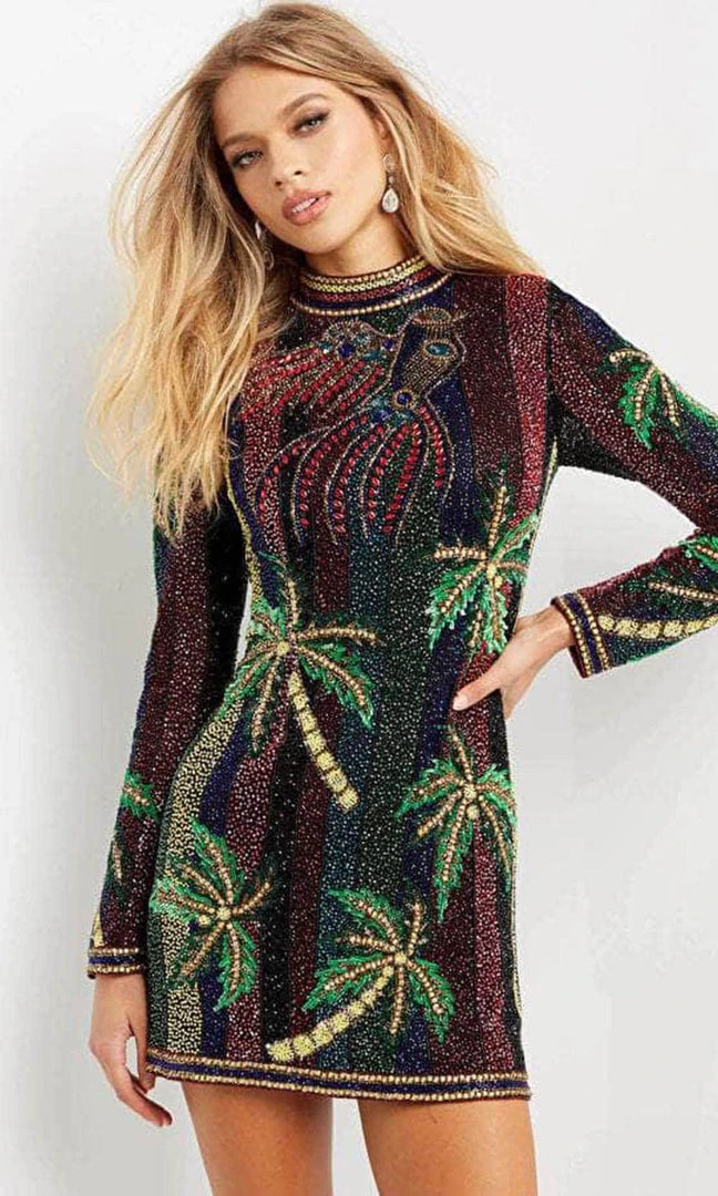 Jovani 08453 - High Neck Long Sleeves Short Dress 6 Jovani 08453 - High Neck Long Sleeves Short Dress