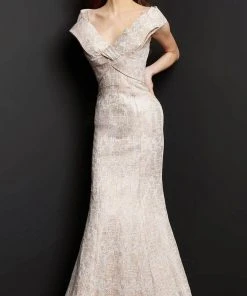 Jovani 08656 - Cap Sleeved Bow V-Neck Evening Gown