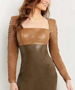 Jovani 09585 - Long Sleeves Square Neck Short Dress