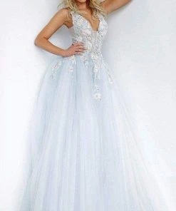 Jovani - 11092 Floral Embroidered Plunging V-Neck Ballgown