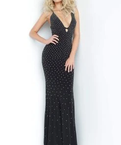 Jovani - 1114 Open Lace Up Back Bead Studded Evening Dress