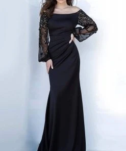 Jovani - 1156 Off- Shoulder Bishop Sleeve Sheath Dress