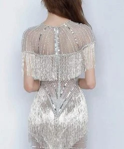 Jovani - 11999 Embellished Jewel Neck Fringe Fitted Dress