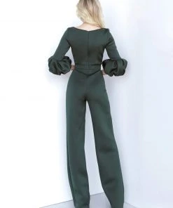 Jovani - 1227 Boat Neck Bubble Sleeved Scuba Evening Jumpsuit