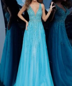 Jovani - 1572 Embellished Deep V-neck A-line Gown