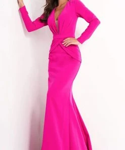 Jovani - 1892 Deep V Neck Long Sleeve Faux Two-Piece Evening Dress