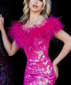 Jovani 22349 - Feathered Off Shoulder Romper