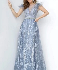 Jovani - 2350 Illusion Feathered A-line Dress