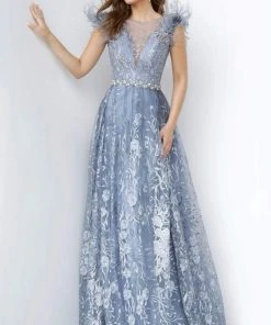 Jovani - 2350 Illusion Feathered A-line Dress 8 Jovani - 2350 Illusion Feathered A-line Dress