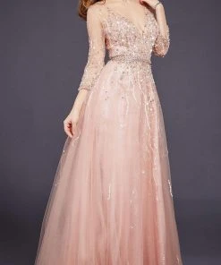 Jovani - 29084 Quarter Sleeve Ornate Illusion Tulle Gown