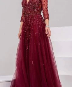 Jovani - 29084 Quarter Sleeve Ornate Illusion Tulle Gown