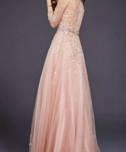 Jovani - 29084 Quarter Sleeve Ornate Illusion Tulle Gown