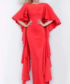 Jovani - 3018 Flutter Cascade Sleeve Long Column Gown