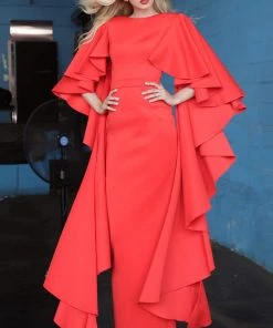 Jovani - 3018 Flutter Cascade Sleeve Long Column Gown