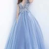 Jovani - 3110 Floral Applique Deep V-neck Tulle Ballgown