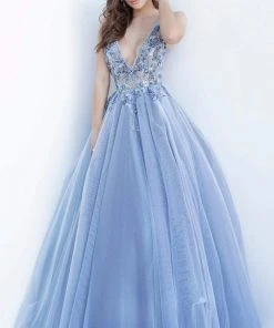 Jovani - 3110 Floral Applique Deep V-neck Tulle Ballgown