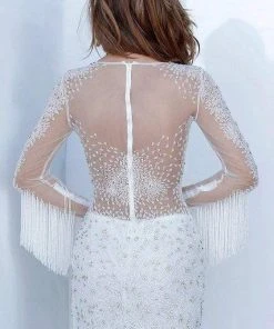 Jovani - 3152 Embellished Fringe Long Sleeve Cocktail Dress