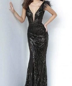 Jovani - 3180 Feathered Cap Sleeve Patterned Sequin Gown