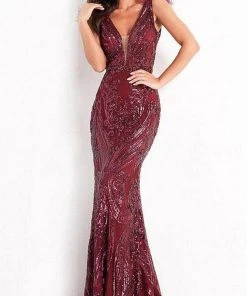 Jovani - 3180 Feathered Cap Sleeve Patterned Sequin Gown 12 Jovani - 3180 Feathered Cap Sleeve Patterned Sequin Gown