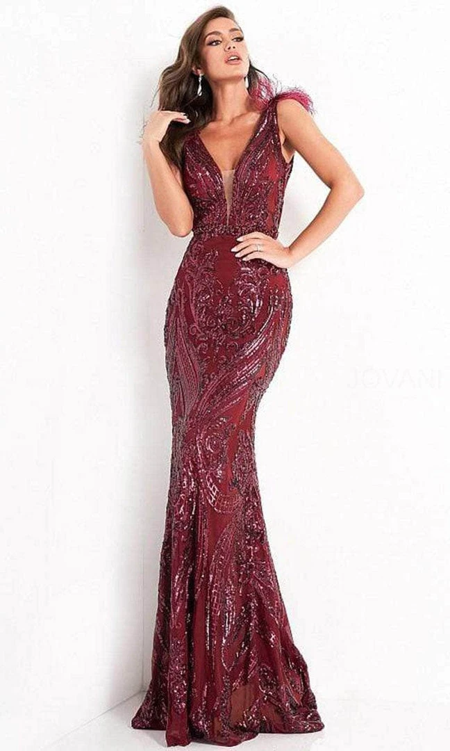 Jovani - 3180 Feathered Cap Sleeve Patterned Sequin Gown 5 Jovani - 3180 Feathered Cap Sleeve Patterned Sequin Gown