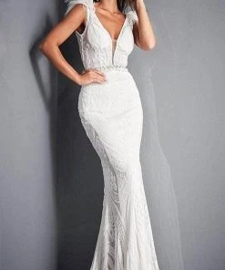 Jovani - 3180 Feathered Cap Sleeve Patterned Sequin Gown 15 Jovani - 3180 Feathered Cap Sleeve Patterned Sequin Gown