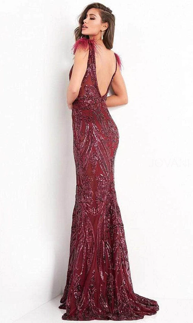 Jovani - 3180 Feathered Cap Sleeve Patterned Sequin Gown 6 Jovani - 3180 Feathered Cap Sleeve Patterned Sequin Gown