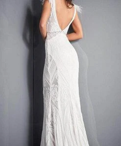 Jovani - 3180 Feathered Cap Sleeve Patterned Sequin Gown 16 Jovani - 3180 Feathered Cap Sleeve Patterned Sequin Gown