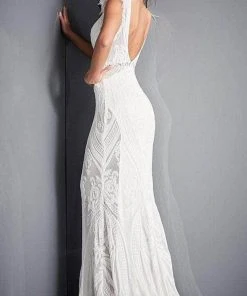 Jovani - 3180 Feathered Cap Sleeve Patterned Sequin Gown 17 Jovani - 3180 Feathered Cap Sleeve Patterned Sequin Gown