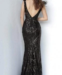 Jovani - 3180 Feathered Cap Sleeve Patterned Sequin Gown 11 Jovani - 3180 Feathered Cap Sleeve Patterned Sequin Gown