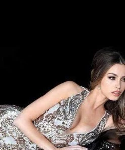 Jovani - 3414 Embellished Deep V-neck Sheath Dress