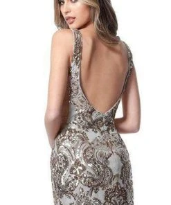 Jovani - 3414 Embellished Deep V-neck Sheath Dress