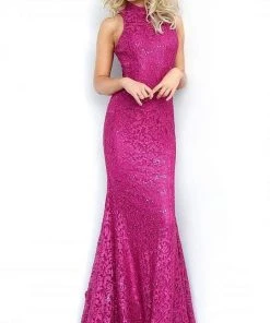 Jovani - 3559 Embellished Lace High Halter Trumpet Dress